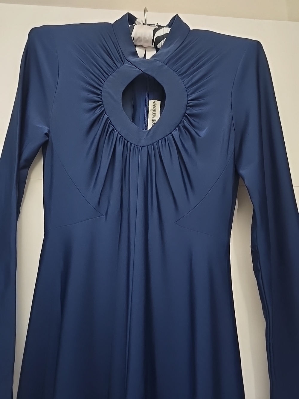Vintage Robert-David Morton Navy Blue Jersey Gown | Keyhole Neck Maxi Dress  70s